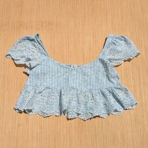 American Eagle Crop Top Blue Eyelet  Puff‎ Sleeve Peplum Cottage Women's Large